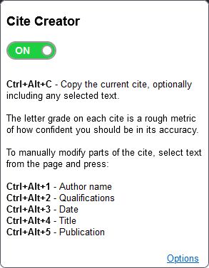 Cite Creator extension popup