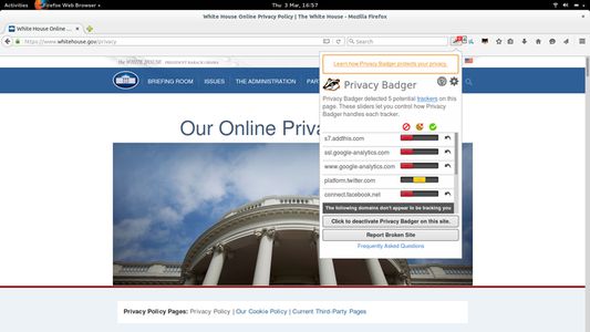 Privacy Badger at work on the whitehouse.gov privacy policy page.