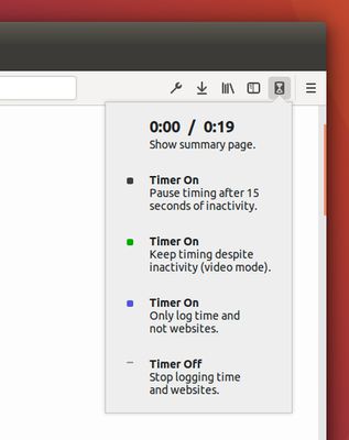 Click the button for a panel that shows both the time spent on the current site today and the total time spent on the web today (h:mm / h:mm). Use this panel to open the summary page or change the timer mode.