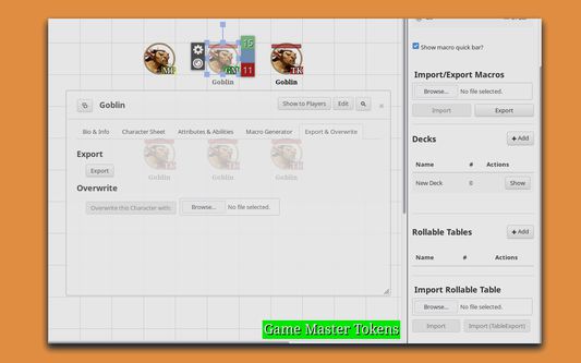 Showcases:
- the compact version of the redesigned radial menu 
- Character, Rollable table, macro export/import widgets
- Transparent dialogs
