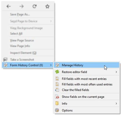 Right-click on the page or a text form-element opens the context-menu and gives access to various actions. Saved text and control-state can be copied back to restore lost work or quickly restore webforms.