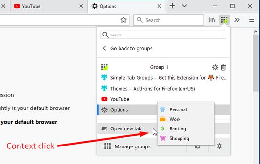 Context menu when click on