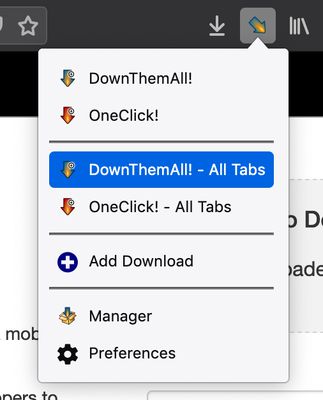DownThemAll! comes with a button that will allow you to quickly access it's main features, but it can be configured to be a OneClick! button instead.