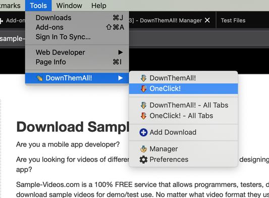 DownThemAll! is also present in your tools menu, so you still have full access to its features even when you configured it to not show the context menu and changed the button to OneClick!