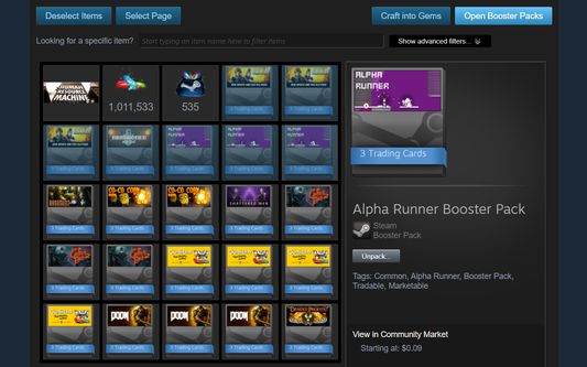Select Booster Packs from your Steam Inventory to get Steam Trading Cards!