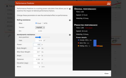 Performance Predictor: Full physics breakdown of any effort. Fantastic for modeling how many donuts you have to skip to make a goal.