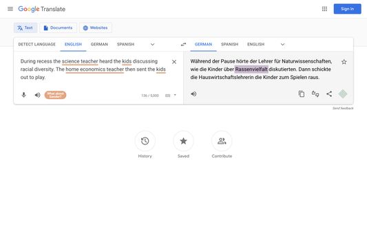 A screenshot of Google Translate with the macht.sprache. extension in use.